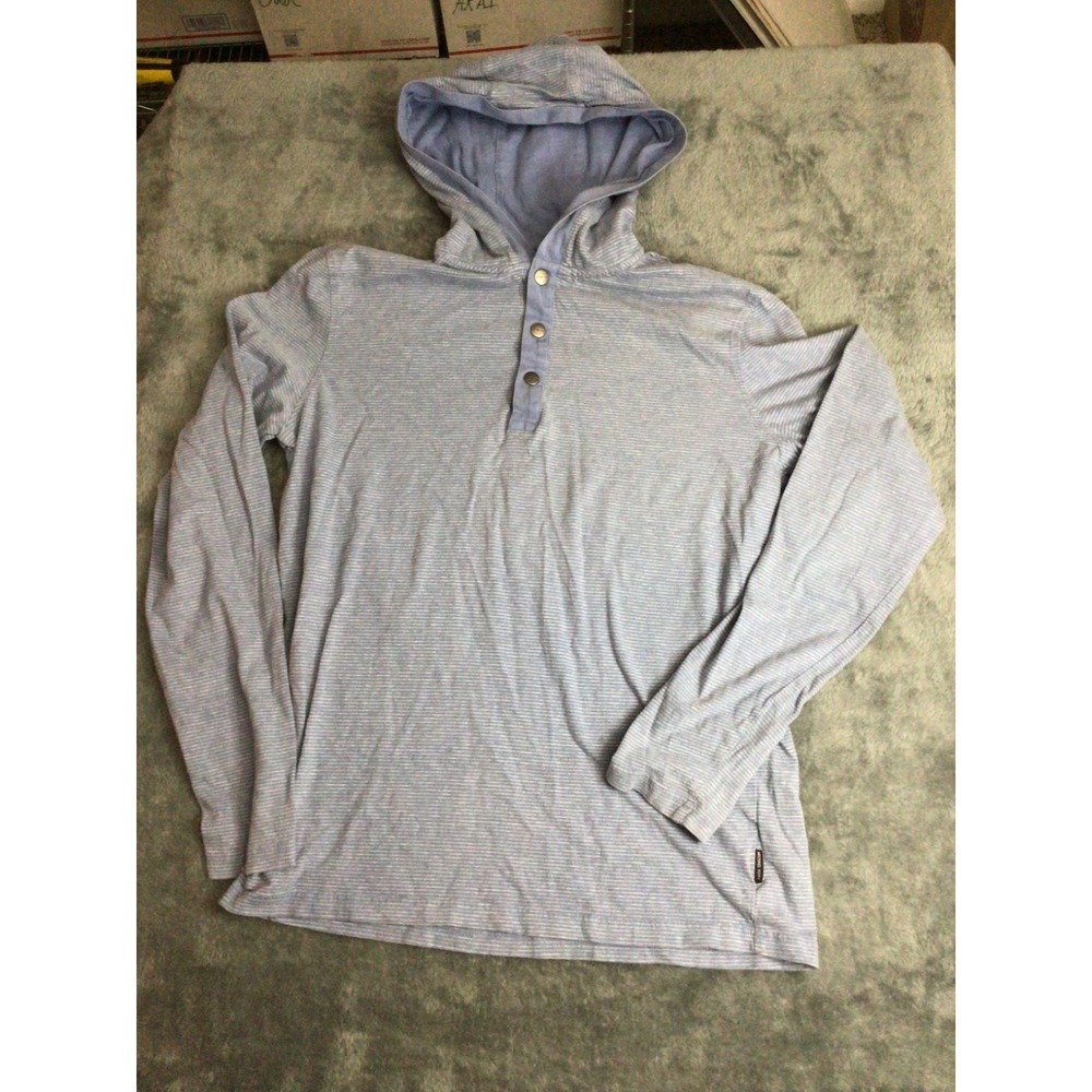 Michael Kors Mens Slub Long Sleeve Hooded T-Shirt Blue Striped Top Buttons‎ Sz S